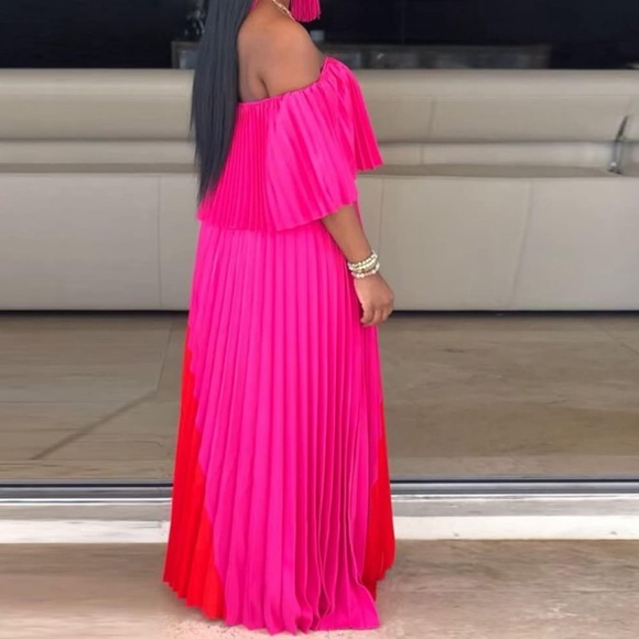 IyMoo Womens red & pink Chiffon Sundress Off Shoulder Pleated Boho Maxi Dress - Picture 2 of 9